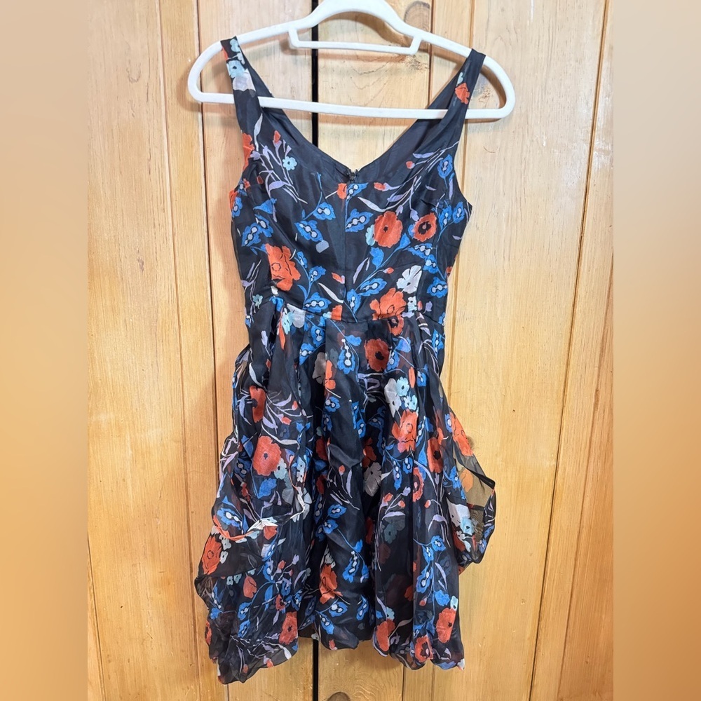 ANAGRAM Floral Designer Sleeveless Zip Up Silk Bustled Mini Dress